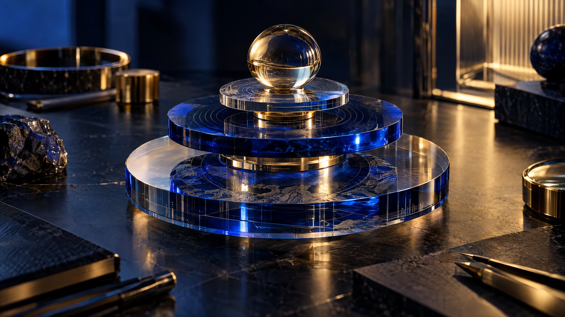 Sapphire optical materials and gold light representing resources being assembled into enterprise capacity