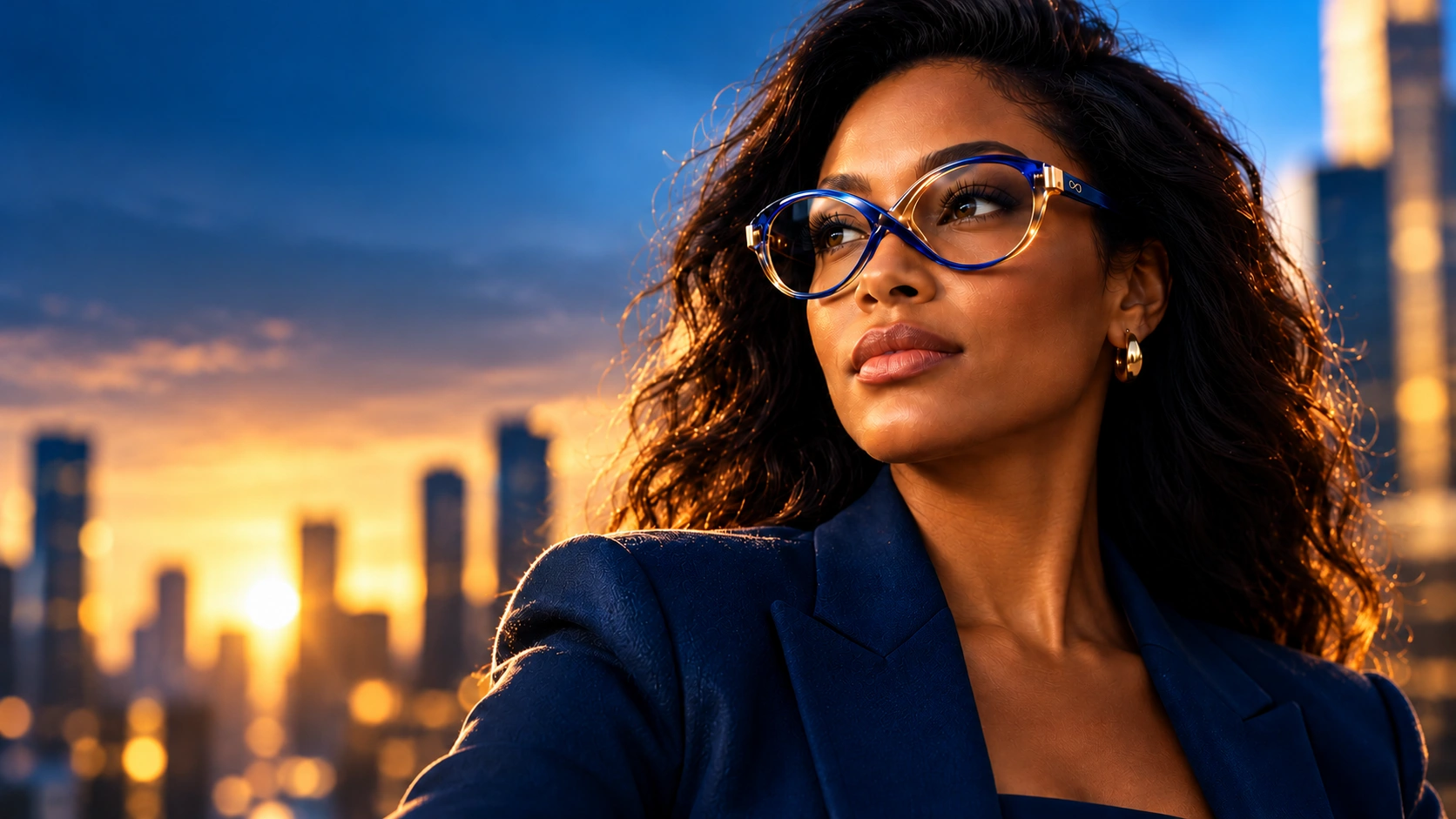 The Contellex model wearing signature cobalt-and-gold Infinity Lens frames against a sunset city skyline